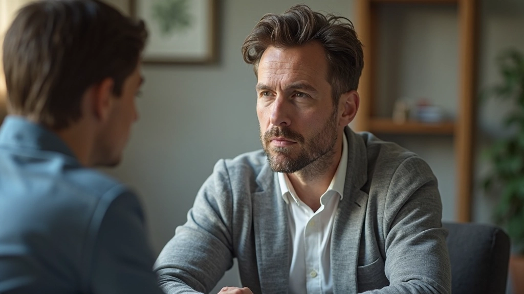 Hombre escuchando atentamente con expresión pensativa durante una conversación uno a uno