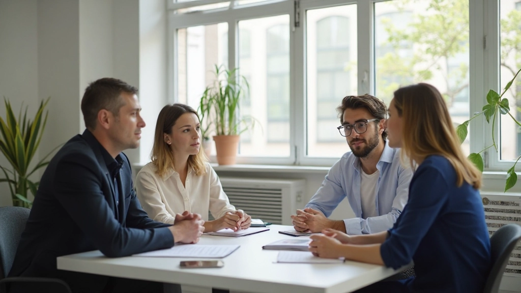 Ambiente de aprendizaje moderno con personas colaborando en un espacio luminoso de desarrollo profesional