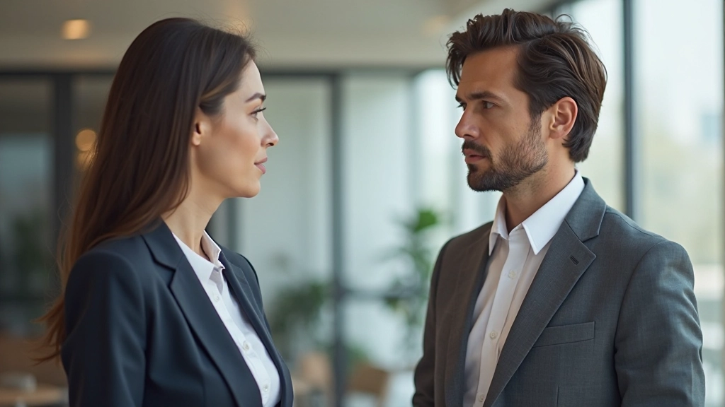 Dos profesionales en una conversación cara a cara con lenguaje corporal abierto y atento en una oficina moderna con luz natural