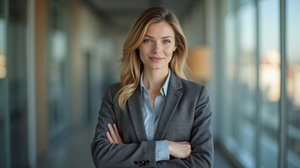 Persona en traje profesional demostrando una postura erguida con hombros relajados y expresión confiada contra un fondo de oficina desenfocado