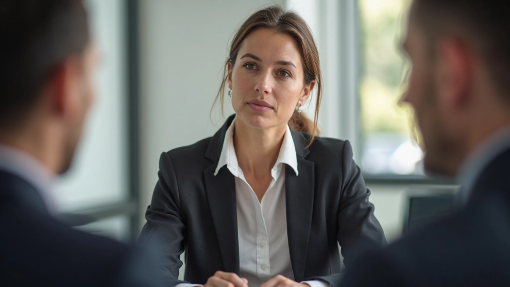 Mujer profesional asintiendo y haciendo contacto visual durante una conversación en una reunión de oficina, demostrando escucha activa