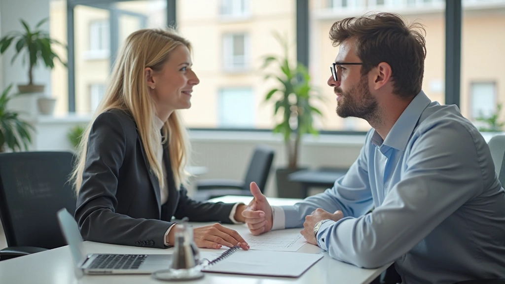 Dos profesionales en una reunión moderna compartiendo ideas con confianza en un ambiente de trabajo colaborativo